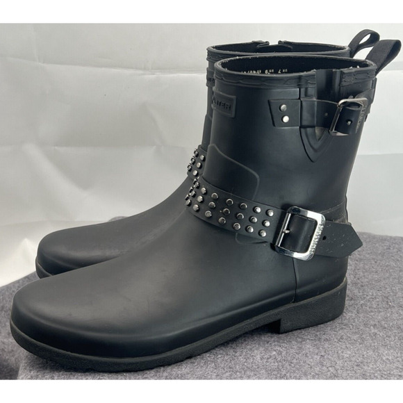 Hunter Refined Black Studded Biker Boot Womens 9 Rubber Rain Pull On Waterproof - Picture 4 of 10